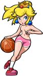 1girl basketball blonde_hair blue_eyes breasts crown earrings edit female_only full_body gym_shorts highres nintendo nude_filter photoshop princess_peach running simple_background solo_female super_mario_bros. topless