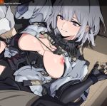  1girl 1girl bangs banssee big_breasts black_gloves blunt_bangs breasts breasts_out_of_clothes eyebrows_visible_through_hair girls_frontline gloves grin hair_between_eyes high_resolution imminent_sex korean_ lying nipples on_back out_of_frame purple_eyes rpk-16_(girls_frontline) short_hair silver_hair smile tactical_clothes 