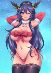  1girl alternate_breast_size antlers arms_behind_head bare_thighs big_breasts blue_eyes blue_hair breasts christmas christmas_outfit cleavage elbow_gloves female_only fire_emblem fire_emblem_awakening gloves holly_(plant) lingerie long_hair looking_at_viewer lucina lucina_(fire_emblem) naked_ribbon nintendo panties red_panties ribbon sky snow stockings sugarbell thick_thighs thighs tiara under_boob underwear very_long_hair wink 