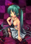  1girl blue_panties bra breasts checkerboard checkered finger_licking green_eyes green_hair hatsune_miku jewelry kichiroku licking lingerie long_hair miku_hatsune nail_polish navel necklace nipples off_shoulder one_breast_out panties panty_pull petals pink_nails sitting solo strap_slip thighhighs tongue twintails underwear vocaloid world_is_mine_(vocaloid) zettai_ryouiki 