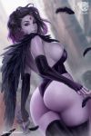 1girl ass big_breasts breasts building cape dat_ass dc_comics elbow_gloves feathers female female_only fingerless_gloves forehead_jewel gloves grey_skin high_resolution leotard looking_at_viewer prywinko purple_eyes purple_hair raven_(dc) smoke solo stockings teen_titans