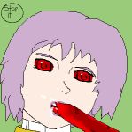  artist_name cheza eyebrows green_background purple_hair red_eyes simple_background stopit wolf&#039;s_rain 