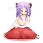 1girl bare_shoulders blue_eyes blush bow breasts collarbone dama embarrassed hair_bow hair_ornament hair_ribbon hiiragi_kagami japanese_clothes kagami_hiiragi long_hair looking_at_viewer lucky_star miko nipples open_clothes open_shirt purple_hair ribbon sandals shirt sitting smile solo topless tsurime twintails wariza white_background 