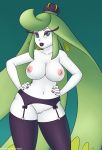  1girl anthro_pokemon anthrofied breasts female female_anthro_pokemon female_only female_pokemon green_eyes green_hair hairless_pussy humanized long_hair looking_at_viewer mostly_nude no_bra no_panties pokemon pussy rapps solo standing stockings topless tsareena 