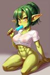  abs ai_generated amber_eyes bottomless breasts goblin goblin_female green_hair green_skin kneel looking_at_viewer muscular muscular_female nipples nipples_visible_through_clothing nuggeto pointy_ears popsicle sucking thighs wet wet_clothes 