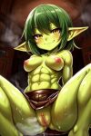  abs ai_generated amber_eyes breasts goblin goblin_female green_hair green_skin looking_at_viewer muscular muscular_female nipples no_panties nuggeto pointy_ears pussy skirt smile smug squatting wet_pussy 