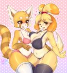  &lt;3 1girl absurd_res aggressive_retsuko ailurid animal_crossing anthro big_breasts blush bodily_fluids bra breast_squish breasts canid canine canis cleavage clothed clothing curvy_figure digital_media_(artwork) domestic_dog dotted_background duo fingers fur furry hair high_res isabelle_(animal_crossing) kitsuumi legwear looking_at_viewer mammal nintendo one_eye_closed open_mouth panties pattern_background red_panda retsuko sanrio shih_tzu simple_background squish sweat thick_thighs toy_dog underwear video_games voluptuous wide_hips wink 