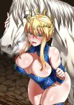  1girl ahoge animal artoria_pendragon artoria_pendragon_(lancer) bare_shoulders big_breasts blonde_hair blush braid breasts cleavage cleavage_cutout crown_braid curvy fan_(f.w.zholic) fate/grand_order fate_(series) female_focus green_eyes hair_between_eyes hair_bun high_res horse leotard looking_at_viewer milf open_mouth shiny shiny_hair shiny_skin short_hair_with_long_locks sidelocks smile stockings thick_thighs thigh_gap thighs tied_hair wide_hips 