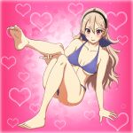 1girl 1girl alluring ass bare_arms bare_legs bare_shoulders barefoot bikini black_panties blonde_hair blue_bikini blush breasts cleavage collarbone corrin_(fire_emblem) corrin_(fire_emblem)_(female) feet fire_emblem fire_emblem_fates hairband heart high_res leg_lift legs long_hair looking_at_viewer nintendo panties parted_lips partially_visible_vulva red_eyes simple_background sitting small_breasts smile swimsuit thighs toes underwear yuki_(12cut)