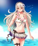 1girl alluring bad_id bad_twitter_id beach big_breasts bikini breasts cleavage cleavage_cutout clothing_cutout corrin_(fire_emblem) corrin_(fire_emblem)_(female) day fire_emblem fire_emblem_fates fire_emblem_heroes flower full_body hair_flower hair_ornament high_res long_hair looking_at_viewer medium_breasts nintendo official_alternate_costume pointy_ears red_eyes silver_hair skirt smile standing swimsuit yori_(a_a_yori)