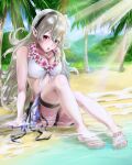 1girl absurd_res alluring barefoot beach bikini breasts cleavage corrin_(fire_emblem) corrin_(fire_emblem)_(female) day feet fire_emblem fire_emblem_fates fire_emblem_heroes hairband high_res ikastak jewelry long_hair medium_breasts necklace nintendo ocean official_alternate_costume outside palm_tree pointy_ears red_eyes sand shore silver_hair sitting soaking_feet swimsuit toes tree white_bikini