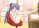  chair desk highres hiiragi_kagami kagami_hiiragi long_hair lucky_star panties purple_eyes purple_hair smile striped striped_panties underwear 