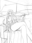  1girl breasts couch crossed_legs elf elvaan female final_fantasy final_fantasy_xi grin indoors japanese_clothes kimono kiseru large_breasts legs_crossed long_hair monochrome nipples open_clothes open_robe outline pipe pointy_ears robe sitting sketch smile smoking sofa solo yukata 