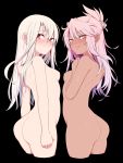  2_girls 2girls ass back bangs bare_back black_background blush breasts chloe_von_einzbern closed_mouth dark_skin fate/kaleid_liner_prisma_illya fate_(series) female_only hair_between_eyes hair_ornament hairpin half_updo high_resolution illyasviel_von_einzbern jewelry kuyou_(artist) long_hair looking_at_viewer looking_back multiple_girls nipples nude open_mouth orange_eyes pink_hair red_eyes sidelocks simple_background small_breasts smile tied_hair tongue tongue_out white_hair 