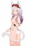  1girl 1girl 1girl animal_ears ass blush breasts cat_tail clavicle coffeechicken dimples_of_venus eyebrows_visible_through_hair from_behind goggles goggles_on_head gradient_hair high_resolution long_hair looking_at_viewer looking_back medium_breasts multicolored_hair nekomimi nipples original purple_hair silver_hair simple_background sketch slit_pupils standing strap_pull tail topless white_background white_bikini_bottom 