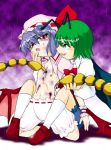  2girls antennae bloomers blue_hair blush bow cape drooling erect_nipples evil_grin evil_smile flat_chest green_eyes green_hair grin hand_on_another&#039;s_face leg_lock mob_cap multiple_girls navel nipples open_mouth poison purple_background red_eyes remilia_scarlet saliva scorpion_tail slit_pupils smile sweat tears torn_clothes touhou underwear vampire wings wriggle_nightbug wrist_cuffs 