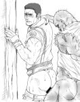  2boys anal ass bara blush chris_redfield gay human majini male male_only monochrome multiple_boys muscle partially_clothed resident_evil resident_evil_5 sweat 