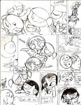 3_girls bcs black_hair blonde_hair blossom_(ppg) blue_eyes bob_cut bubbles_(ppg) buttercup_(ppg) cartoon_network comic green_eyes monochrome multiple_girls powerpuff_girls red_eyes red_hair siblings sisters tied_hair twin_tails