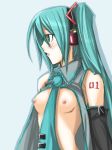  1girl breasts female hatsune_miku long_hair miku_hatsune nipples open_clothes ribi simple_background solo twintails very_long_hair vocaloid 