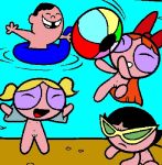 3_girls black_hair blonde_hair blossom_(ppg) blue_eyes bob_cut bubbles_(ppg) buttercup_(ppg) cartoon_network green_eyes multiple_girls nude powerpuff_girls red_eyes red_hair screenshot_edit siblings sisters tied_hair twin_tails