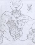  1boy bara dark_horse demon facial_hair hellboy male male_only monochrome muscle nude penis solo soto tagme 