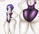  artist_name ass ass_focus back_view backboob big_ass cleavage daruko536 dat_ass dc_comics grey_skin hand_on_hip huge_ass inner_boob lips lipstick one-piece_swimsuit pale-skinned_female pale_skin purple_eyes purple_hair purple_swimsuit rachel_roth raven_(dc) sideboob swimsuit teen_titans thick_ass thick_legs thick_thighs tight_clothing tight_fit 