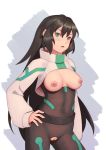1girl arm_at_side bangs belt bigrbear black_bodysuit black_hair blush bodysuit breastless_clothing breasts breasts_out_of_clothes cleft_of_venus cowboy_shot crotchless_clothes green_eyes gundam gundam_build_divers_re:rise hand_on_hip high_resolution long_hair long_sleeves looking_at_viewer may_(gundam_build_divers_re:rise) nipples parted_lips pussy shrug_(clothing) two-tone_background uncensored very_high_resolution wet wet_clothes