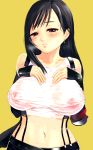 1girl areolae belt big_breasts black_hair blapan blush breast_suppress breasts burapan crop_top earrings elbow_gloves embarrassed erect_nipples female final_fantasy final_fantasy_vii fingerless_gloves gloves hips huge_breasts jewelry long_hair midriff navel nipples no_bra red_eyes see-through simple_background solo suspenders tank_top tifa_lockhart very_long_hair wet wet_clothes wide_hips