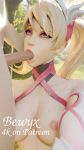  1girl 3d alternative_costume bewyx blonde breasts fellatio hetero high_resolution looking_up male mercy_(overwatch) nipples oral outside overwatch pink_eyes pink_mercy small_breasts text 