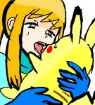  beastiality blonde_hair blush furry interspecies kiss kissing metroid nintendo pikachu pokemon pokephilia samus_aran super_smash_bros. 