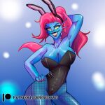 1:1 1:1_aspect_ratio 1girl 2d 2d_(artwork) alternate_costume animal_ears anthro anthro_only armpits bedbug_(artist) big_breasts black_bunny_ears black_bunnysuit blue_background blue_body blue_skin breasts bunny_ears bunnysuit cleavage deltarune digital_media_(artwork) ear_fins fake_animal_ears female_anthro female_only fins fish fish_girl fishnet_legwear fishnet_pantyhose fishnets furry hair hand_behind_head hand_on_hip hand_on_own_hip hand_on_own_thigh hand_on_thigh head_fins highres marine monster monster_girl no_eyepatch non-mammal_breasts pantyhose patreon patreon_username pinup_pose playboy_bunny pose posing red_hair sharp_teeth simple_background slit_pupils smiling smiling_at_viewer solo_anthro solo_female thighs third-party_source undertale undertale_(series) undyne video_game_character video_games white_sclera white_teeth yellow_eyes
