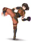 1girl boots brown_eyes brown_hair cameltoe clitoris fe female final_fantasy final_fantasy_xi full_body gloves headband high_kick highres hume kick kicking legs monk_(final_fantasy) no_panties pantyhose pussy see-through short_hair solo standing_on_one_leg uncensored white_background